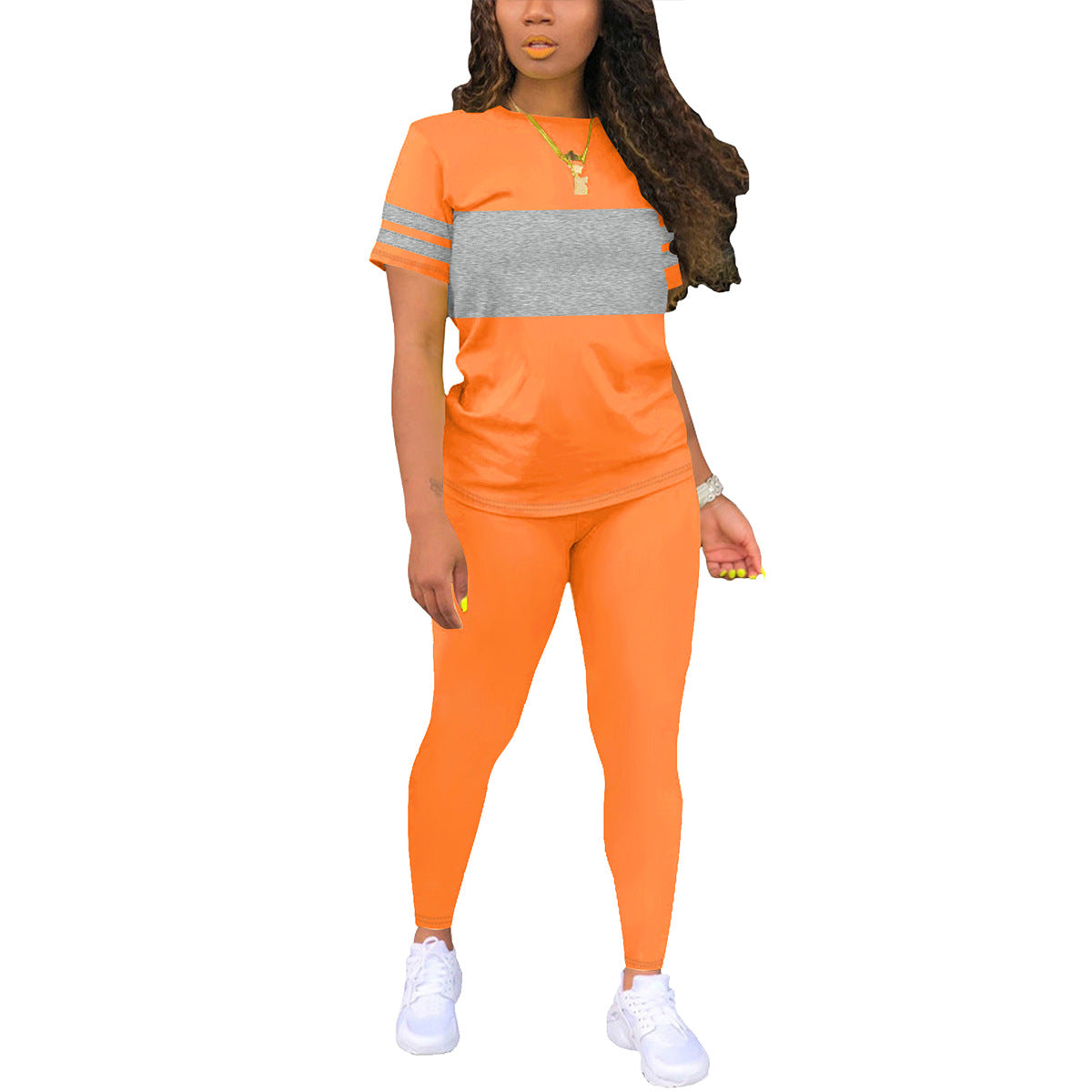 New Stylish Crew-Neck Short-Sleeve Color-Block Top And Pants Set Womens Two-Piece Outfit