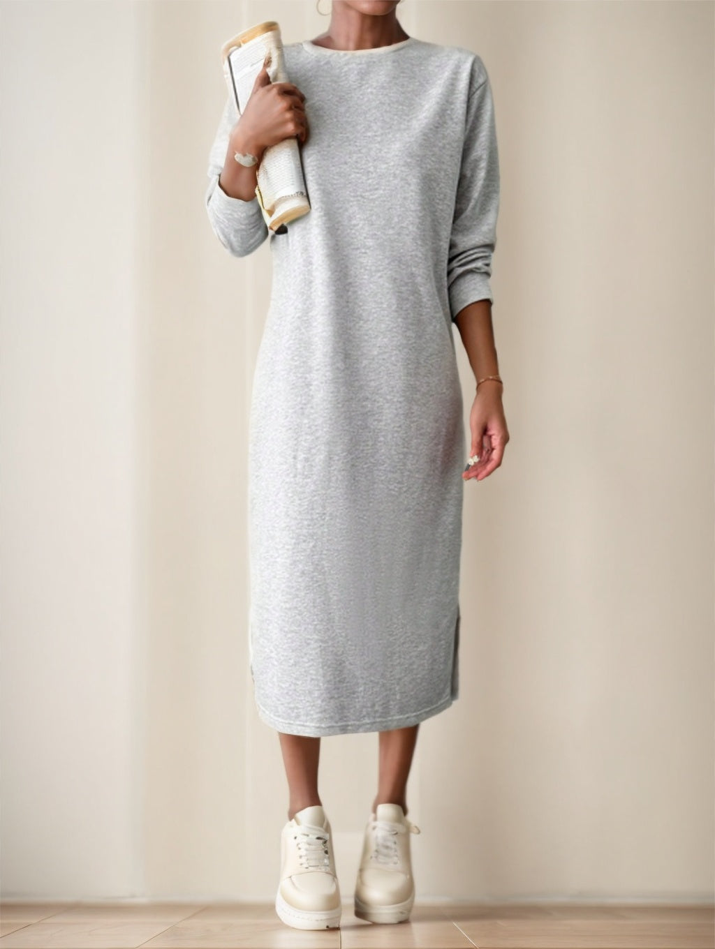 Cotton Solid Split Hem Sweatshirt Dress