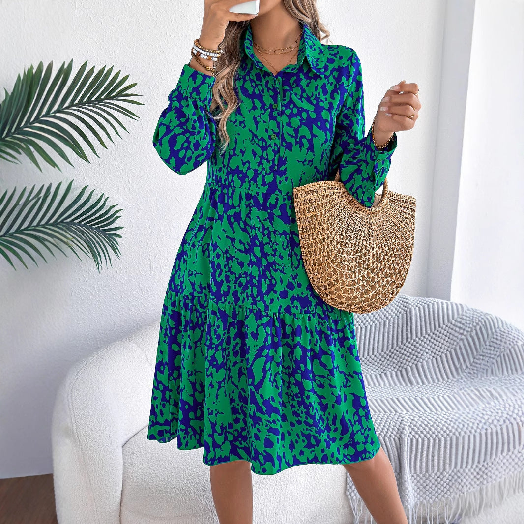 Casual Loose Contrast Colour Leopard-print Long-sleeved Shirt Dress