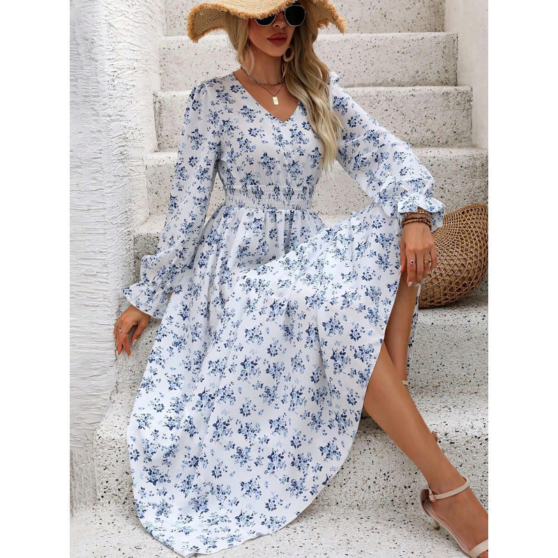 European And American Fall Women's Clothing Printed V-neck Long Sleeve Big Hem Fashion All-matching Long Sleeve