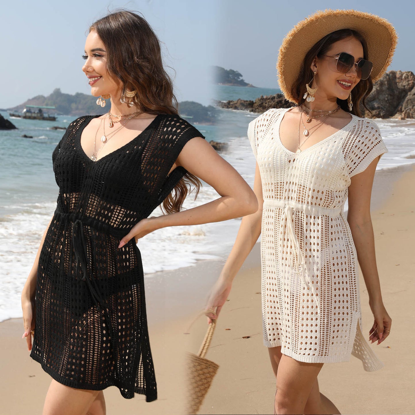 Beach Knit Cover-up Hollow Out Beach Drawstring Short Skirt V-neck Beach Dress