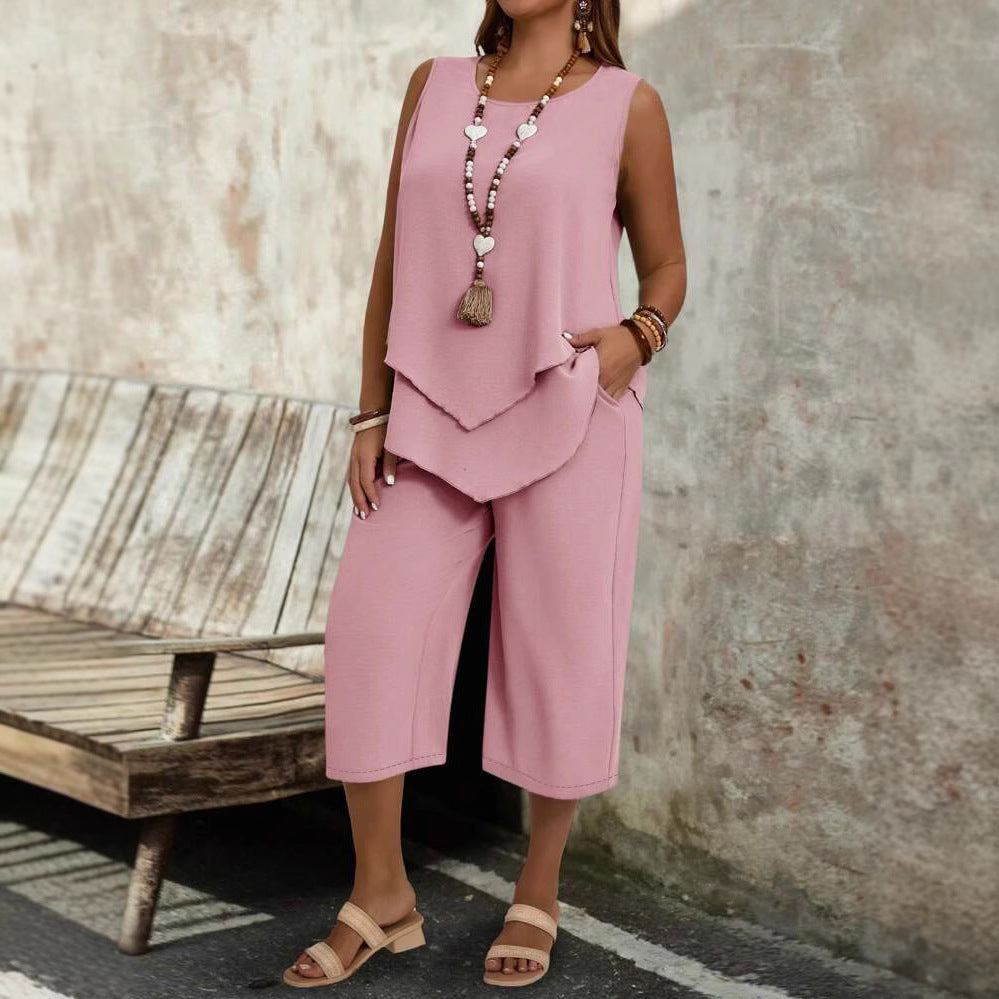 Women's Casual Solid-Colored Sleeveless Top And Cropped Pants Two-Piece Set