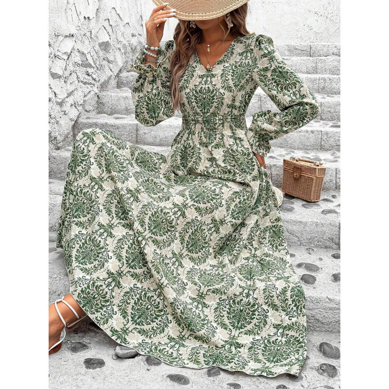 European And American Fall Women's Clothing Printed V-neck Long Sleeve Big Hem Fashion All-matching Long Sleeve