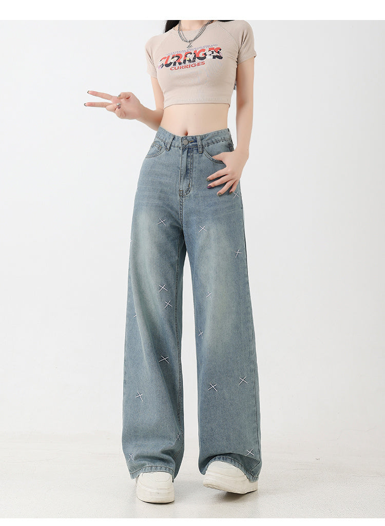 Women's Tencel Light Coloured Embroidered Wide Leg Jeans