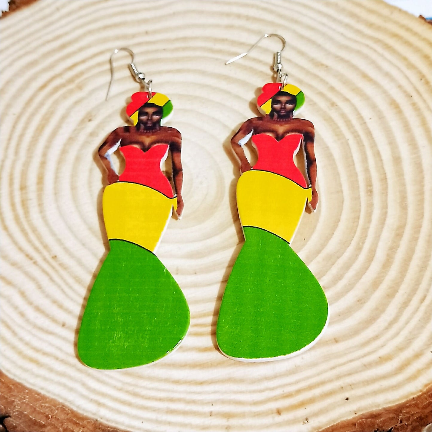 Human Head Pattern Geometric Round Wooden Earrings