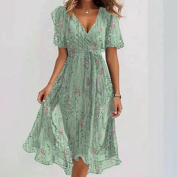 Chiffon Printed Short Sleeve Dress Summer Elegant V-neck Dresses Women Clothing