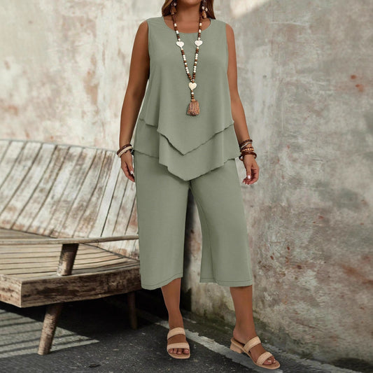 Women's Casual Solid-Colored Sleeveless Top And Cropped Pants Two-Piece Set