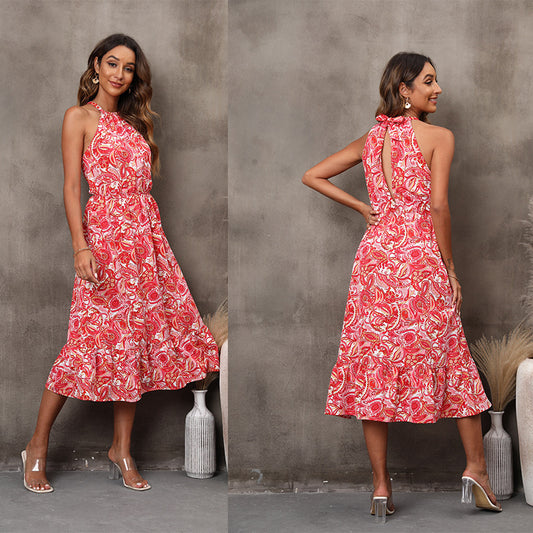 Sleeveless Halter Floral Dress Women