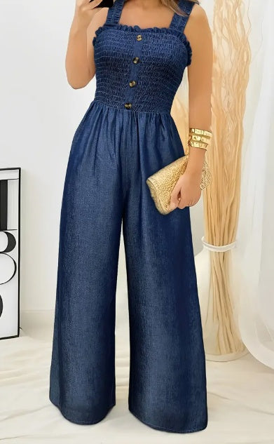 Stylish Ruched Jumpsuit - Sleeveless, Shirred, Wide Leg, Solid Colour, Button Decor, Casual, Spring & Summer Essential - Women's Fashion Clothing For Warm Weather