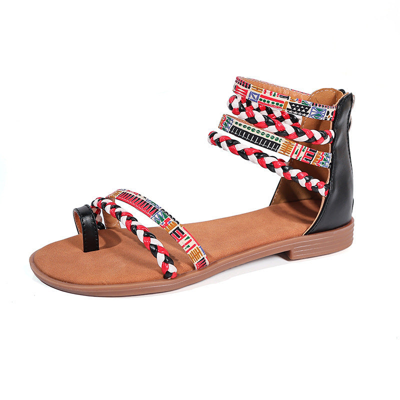 Ethnic Style Flat Sandals Summer Clip Toe Colourful Weave-strapped Shoes With Back Zipper Women's Bohemian Beach Shoes