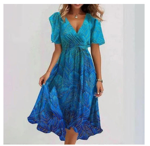 Chiffon Printed Short Sleeve Dress Summer Elegant V-neck Dresses Women Clothing