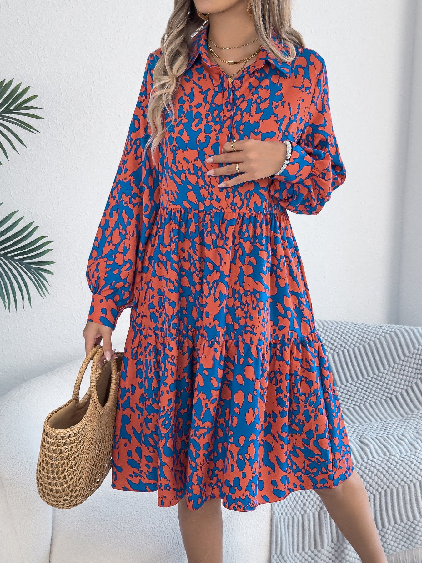Casual Loose Contrast Colour Leopard-print Long-sleeved Shirt Dress