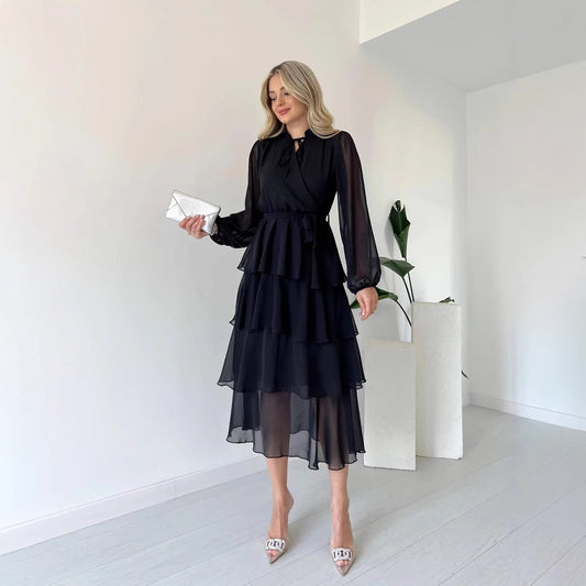 Solid Colour Chiffon Long Sleeve Multi-layer Lace-up Elegant Dress Women