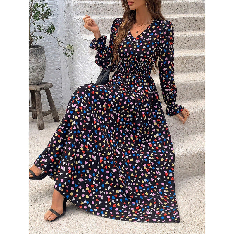 European And American Fall Women's Clothing Printed V-neck Long Sleeve Big Hem Fashion All-matching Long Sleeve