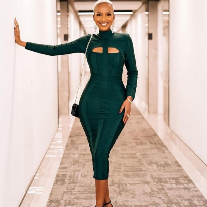 Women's Dark Green Stand Collar Long Sleeve Slim Fit Bandage Dress