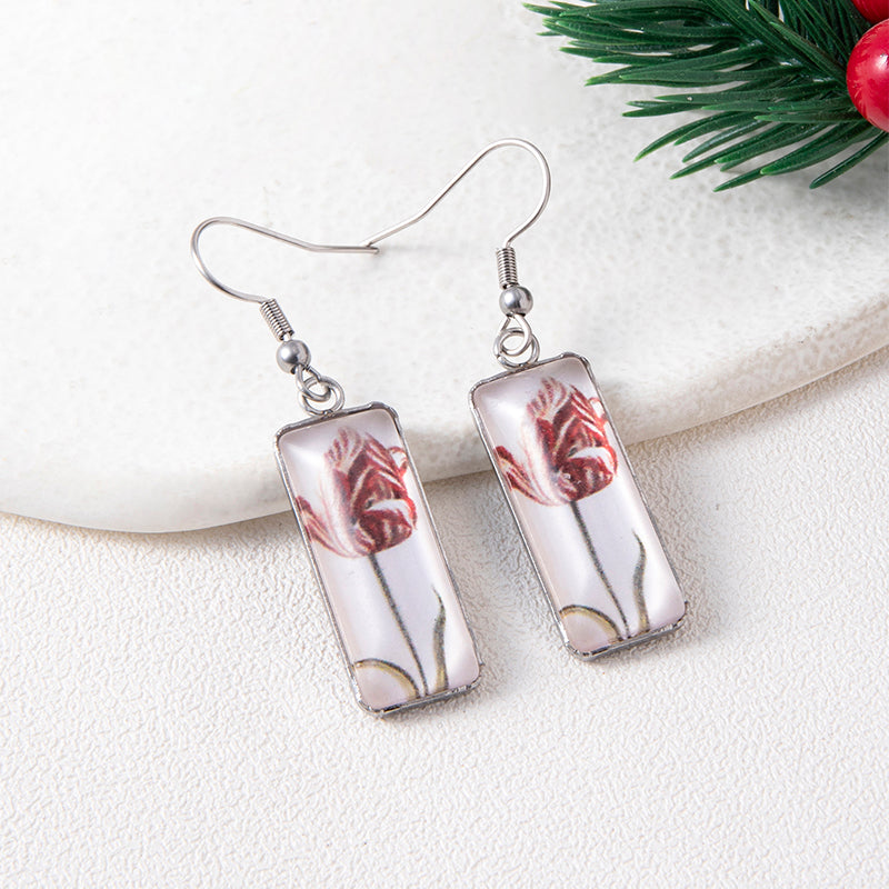 New Flowers Tulip Time Gemstone Dangle Earrings Creative Square Stainless Steel Earrings